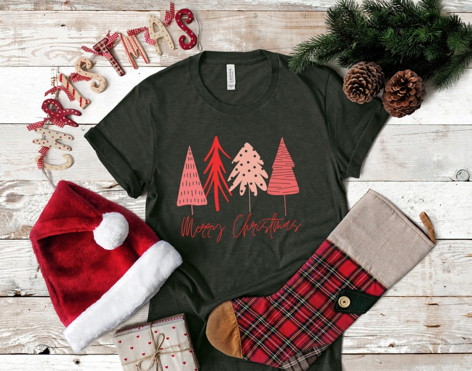 Merry Christmas Red and Pink Trees Graphic Tee