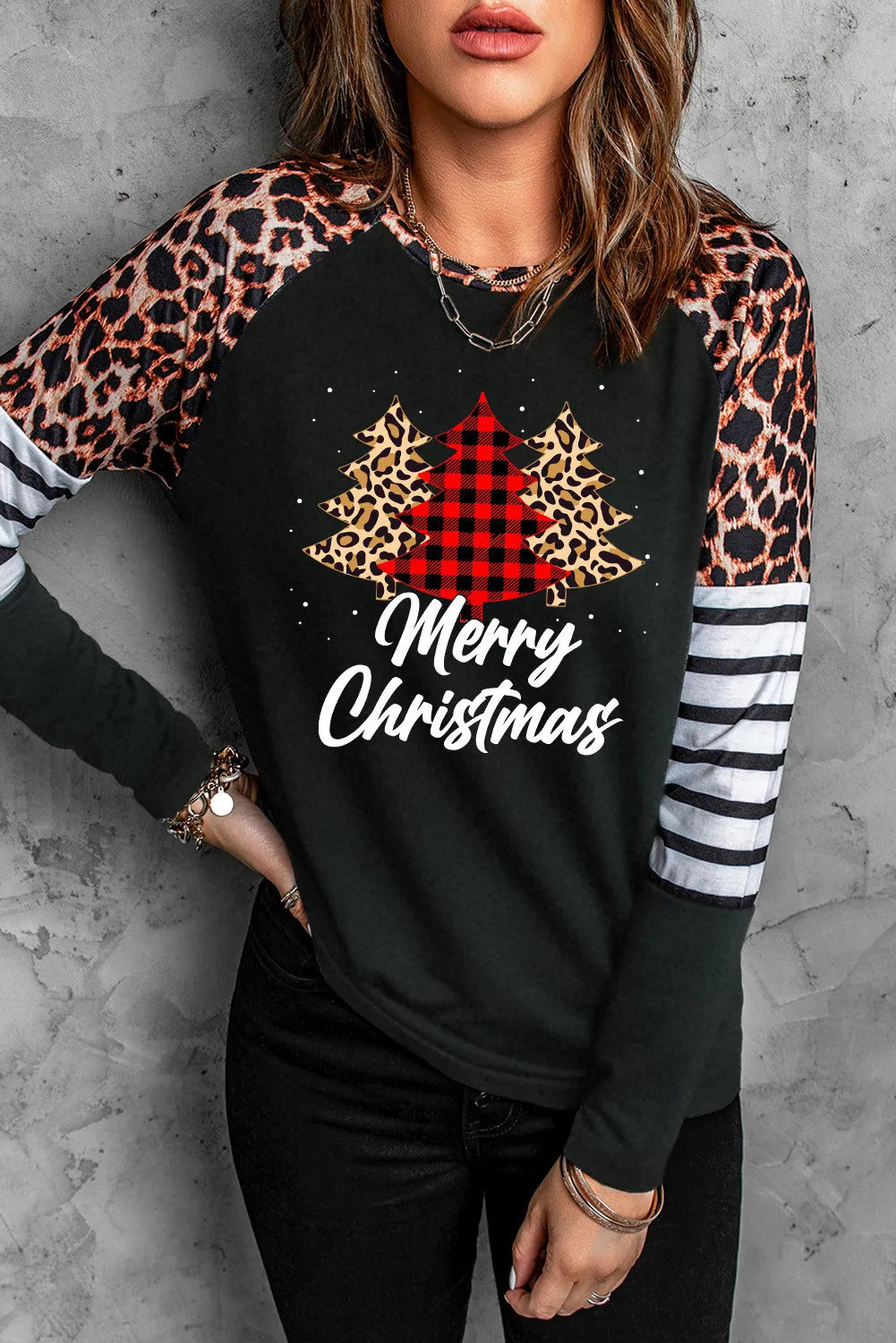 Merry Christmas Tree Leopard Womens Top