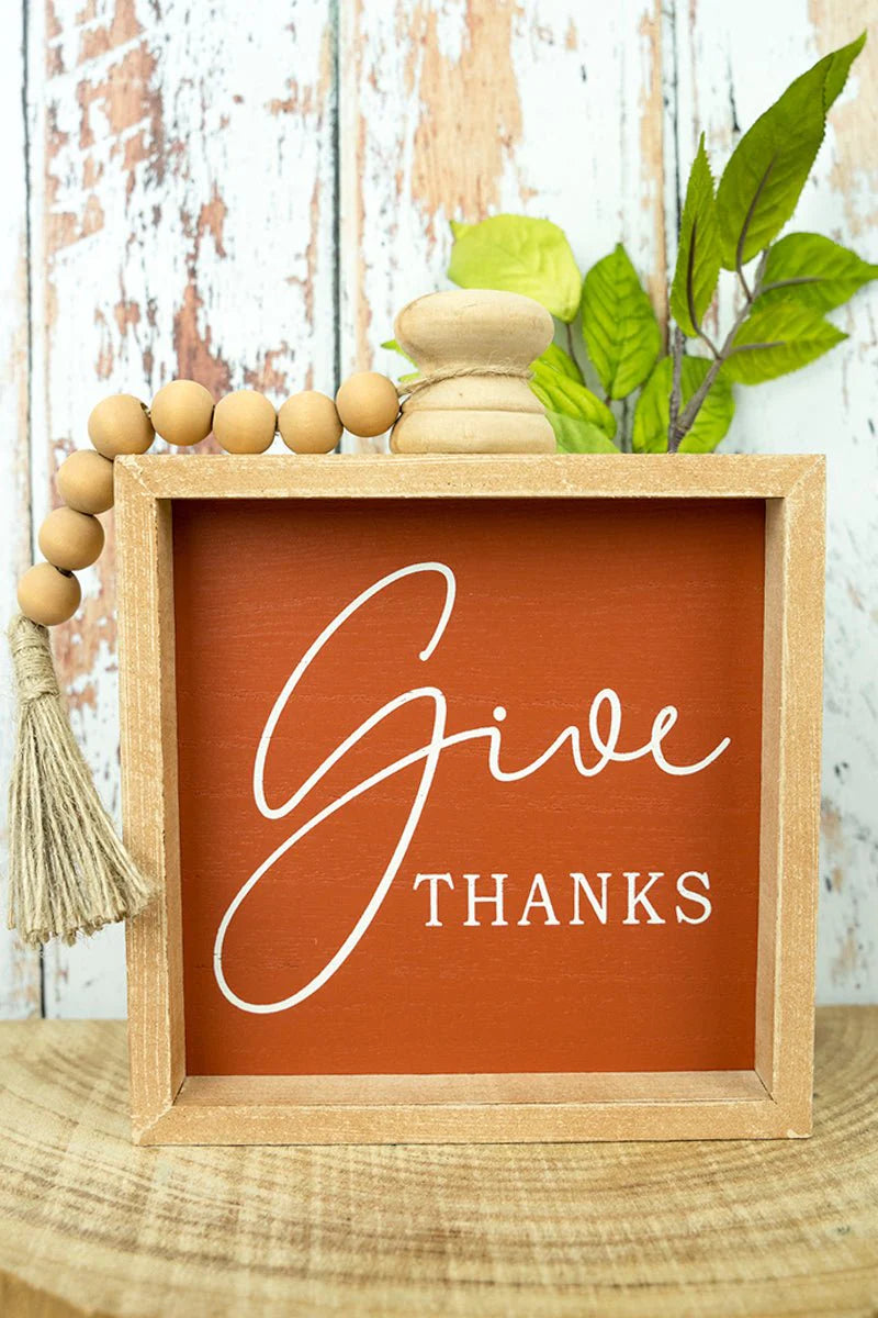 "Give Thanks” Wood Beaded and Framed Sign