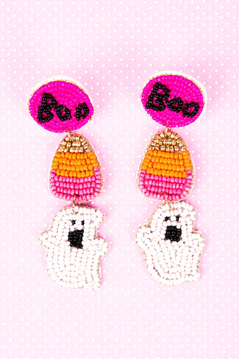 Ghostly Greetings Pink Seed Bead Earrings